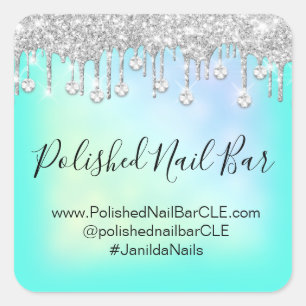 Pegatina Cuadrada Barra de uñas con gotas de diamante azul holográfi