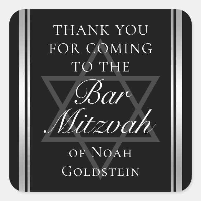 Pegatina Cuadrada Barra formal plateada negra Mitzvah Personalizado  (Anverso)
