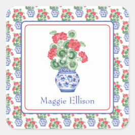 Pegatina Cuadrada Barrera de Chinoiserie de Geraniums