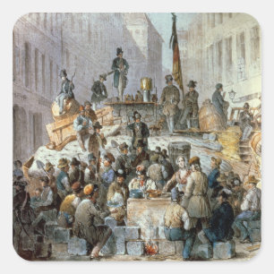 Pegatina Cuadrada Barricadas en Marzstrasse, Viena, 1848