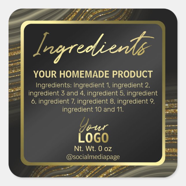 Pegatina Cuadrada Barrido de las líneas de agate de oro negro (Anverso)