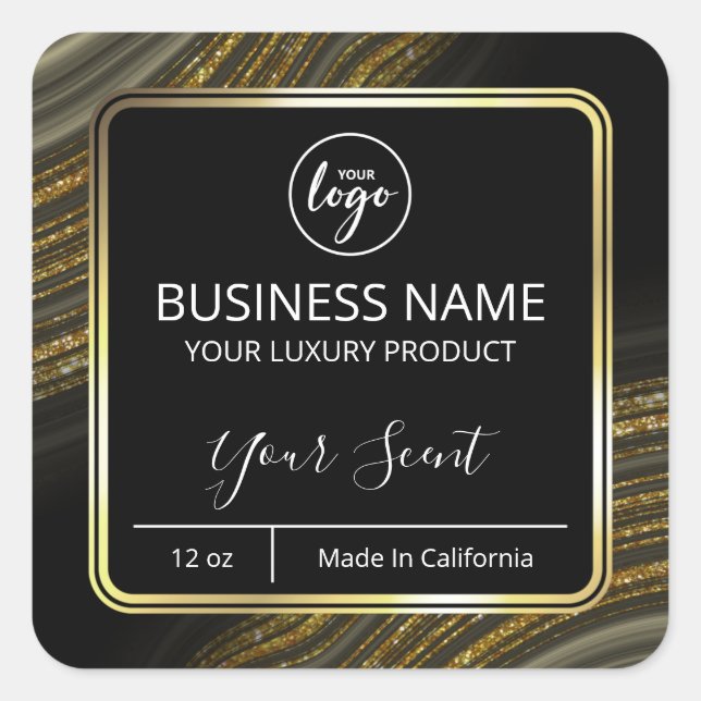 Pegatina Cuadrada Barrido Purpurina Agate Gold Black Candle Labels (Anverso)