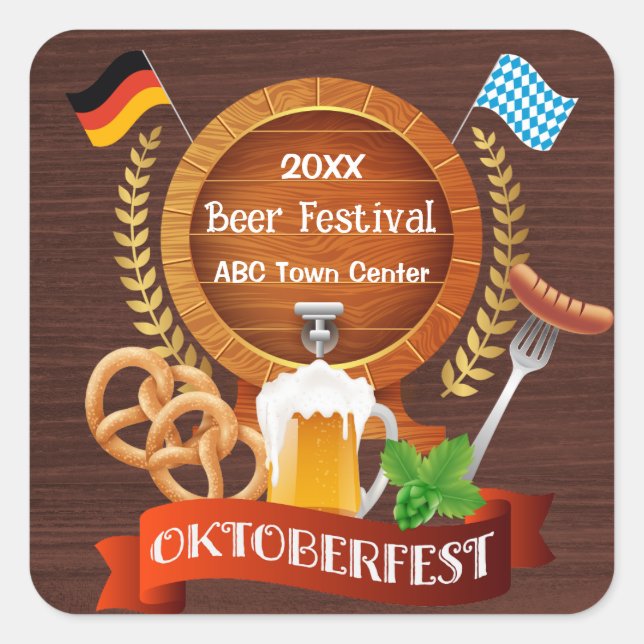 Pegatina Cuadrada Barril de cerveza de Oktoberfest (Anverso)
