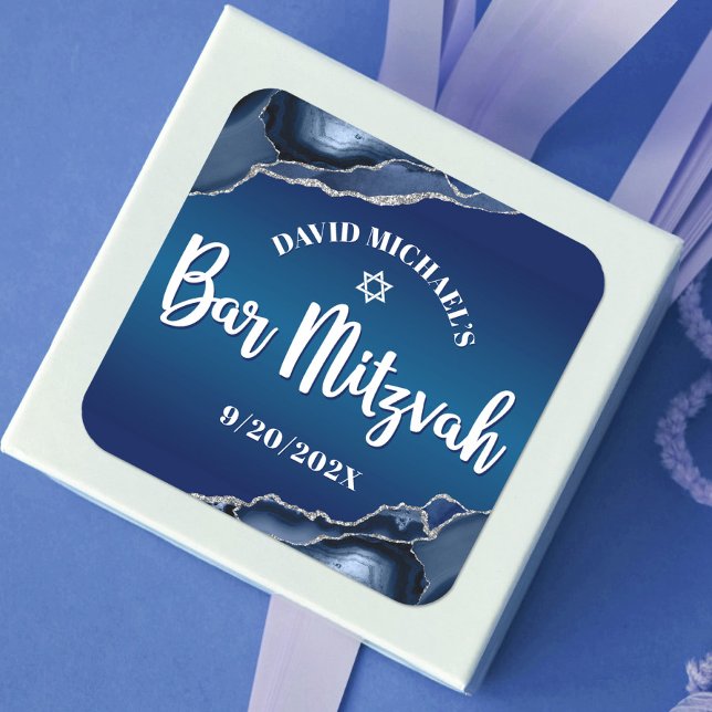 Pegatina Cuadrada Barrio Mitzvah Navy Moderno Guión Agate Azul de Om (Subido por el creador)