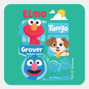 Pegatina Cuadrada Barrio Sésamo   Gráfico Elmo, Tango y Grover Park