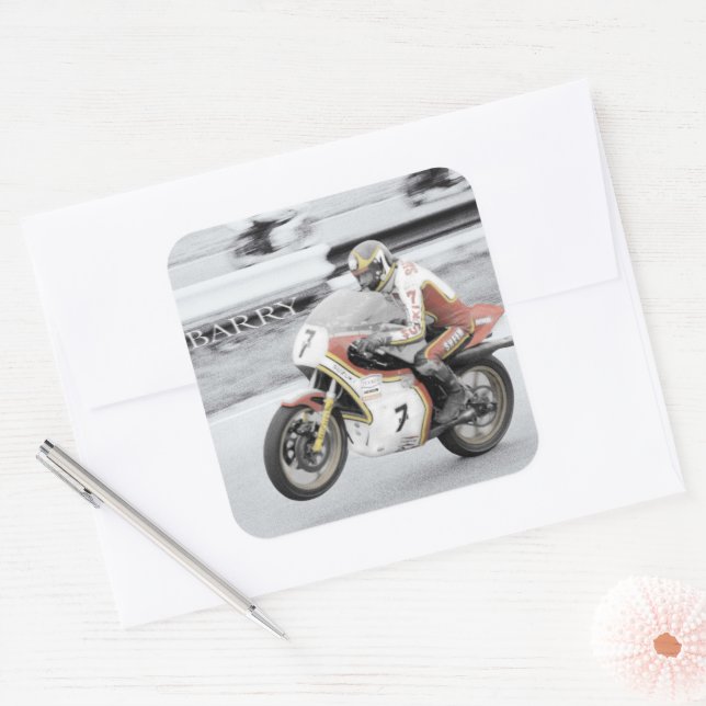 Pegatina Cuadrada Barry Sheene 2, la versión tintada a mano (Sobre)