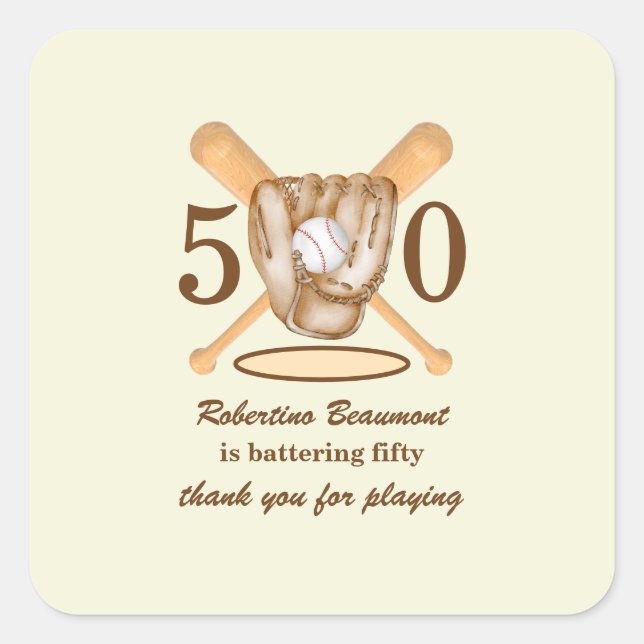Pegatina Cuadrada Baseball Glove Bats Themed Men's 50th Birthday (Anverso)