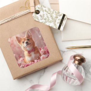 Pegatina Cuadrada Basenji con Rosas - El día de San Valentín