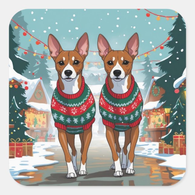 Pegatina Cuadrada Basenji Dogs Christmas Snow Holiday  (Anverso)