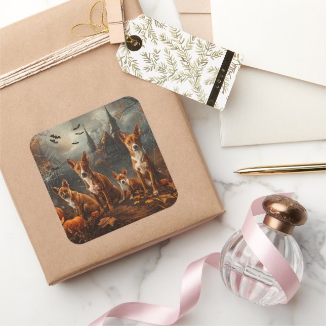 Pegatina Cuadrada Basenji Halloween Night Doggy Delight (Regalar)