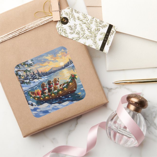 Pegatina Cuadrada Basset Hound Christmas Boat Holiday (Regalar)