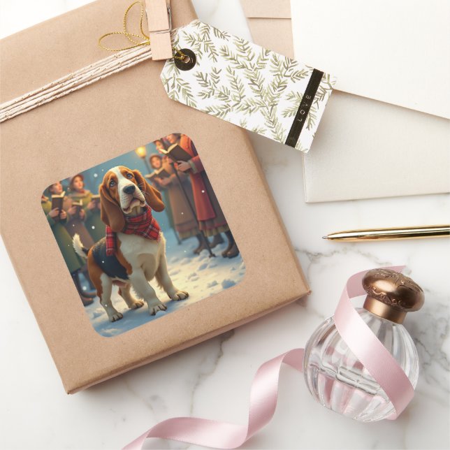 Pegatina Cuadrada Basset Hound Christmas Carol Singers Painting (Regalar)
