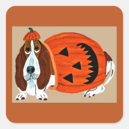 Pegatina Cuadrada Basset Hound con disfraz de Jack-o-lantern de Hall
