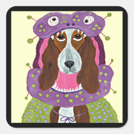 Pegatina Cuadrada Basset Hound con disfraz de Monstruo Espantoso