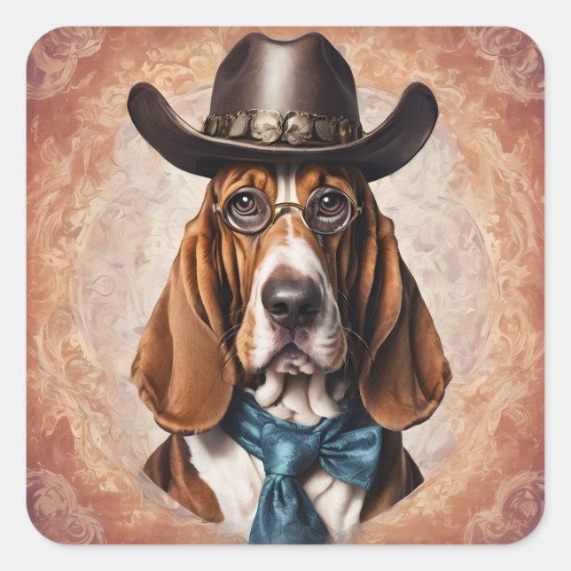 Pegatina Cuadrada "Basset Hound in Hat and Tie" Sticker Sheet (Anverso)