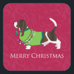 Pegatina Cuadrada Basset Hound Merry Christmas Design<br><div class="desc">Esta silueta también puede representar: Basset,  Basset Hound,  Blue Gascony,  Artesian Normand,  Alpine Dachsbracke,  Basset des Alpes,  Alpine Basset Hound,  Lancashire Heeler,  Ormduk Terrier,  Ormduk Heeler,  Westphalian Hound,  Westfalian Basset,  Sueño Sueco,  Teckel,  Hound</div>