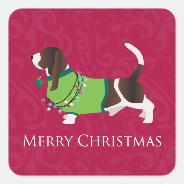 Pegatina Cuadrada Basset Hound Merry Christmas Design (Anverso)