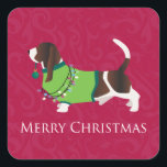 Pegatina Cuadrada Basset Hound Merry Christmas Design<br><div class="desc">Esta silueta también puede representar: Basset,  Basset Hound,  Blue Gascony,  Artesian Normand,  Alpine Dachsbracke,  Basset des Alpes,  Alpine Basset Hound,  Lancashire Heeler,  Ormduk Terrier,  Ormduk Heeler,  Westphalian Hound,  Westfalian Basset,  Sueño Sueco,  Teckel,  Hound</div>