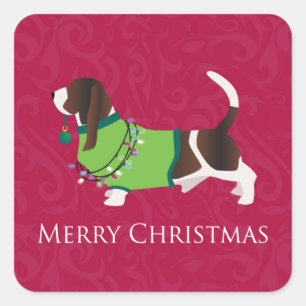 Pegatina Cuadrada Basset Hound Merry Christmas Design