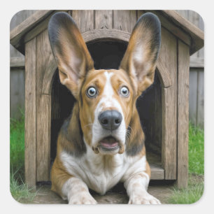 Pegatina Cuadrada Basset Hound Sorprendido En Una Casa Para Perros