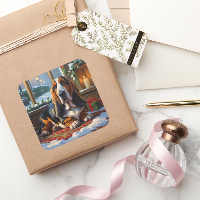 Pegatina Cuadrada Basset Hound With Christmas Lights Holiday  (Regalar)