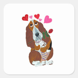 Pegatina Cuadrada Basset Hound with Rose and Heart stickers