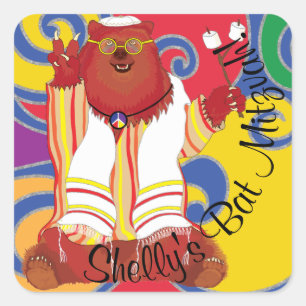 Pegatina Cuadrada Bat Bat Mitzvah Sentado Hippie Bear