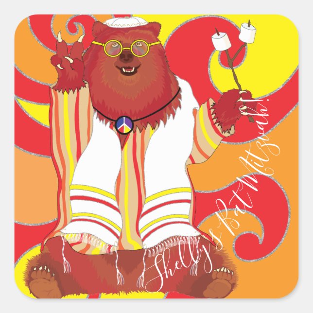 Pegatina Cuadrada Bat BM Bar Mitzvah Hippie Tallit Bear (Anverso)