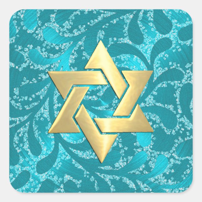 Pegatina Cuadrada Bat Gold Star Mitzvah Turquoise Blue Damask (Anverso)