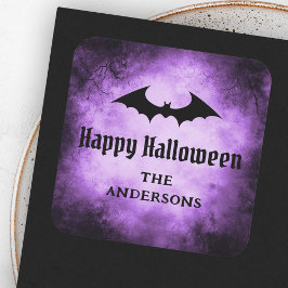 Pegatina Cuadrada Bat Happy Halloween morado negro violeta