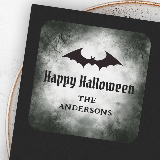 Pegatina Cuadrada Bat Happy Halloween negro grunge (Bat Happy Halloween black grunge Square Sticker)