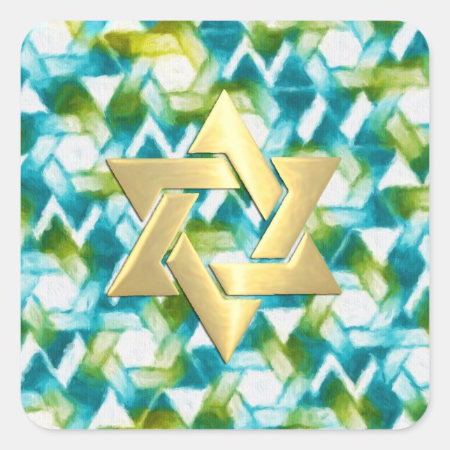 Pegatina Cuadrada Bat Mitzvah Aqua Turquoise Green Star Damask (Anverso)
