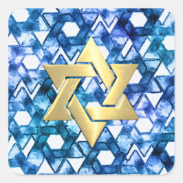 Pegatina Cuadrada Bat Mitzvah Blue Medley Watercolor Star Damask