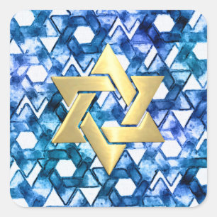 Pegatina Cuadrada Bat Mitzvah Blue Medley Watercolor Star Damask