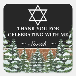 Pegatina Cuadrada Bat Mitzvah De Pino De La Selva De Madera De Nieve