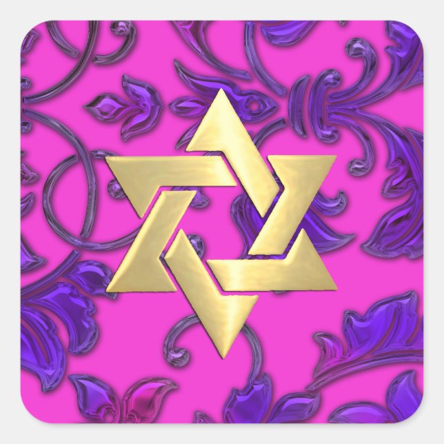 Pegatina Cuadrada Bat Mitzvah Hot Pink and Purple Damask (Anverso)
