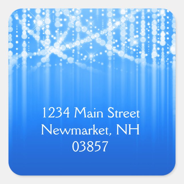 Pegatina Cuadrada Bat Mitzvah Luces Esparkly azules reales (Anverso)