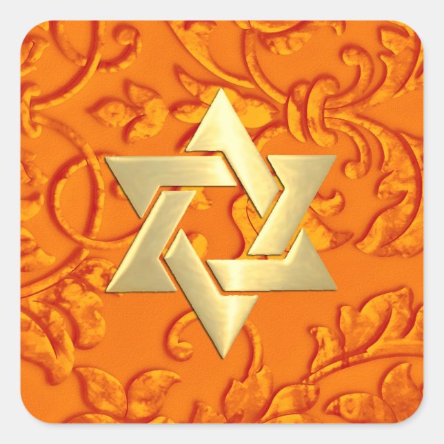 Pegatina Cuadrada Bat Mitzvah Naranja Damask (Anverso)