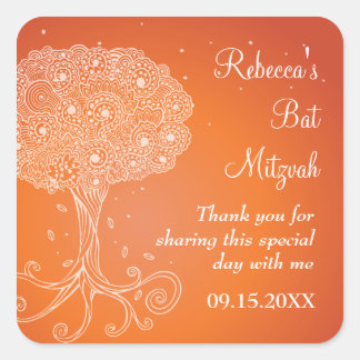 Pegatina Cuadrada Bat Mitzvah, Naranja del Árbol Ornato de la Vida