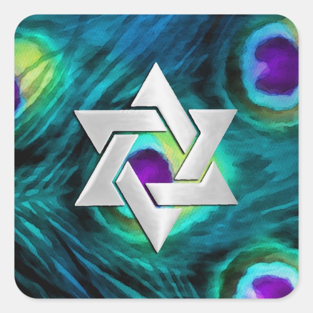 Pegatina Cuadrada Bat Mitzvah Peacock Silver Star Purple and Verde a (Anverso)