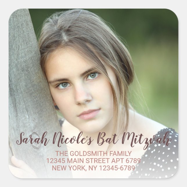 Pegatina Cuadrada Bat Mitzvah Rosa Oro Typography Dirección fotográf (Anverso)