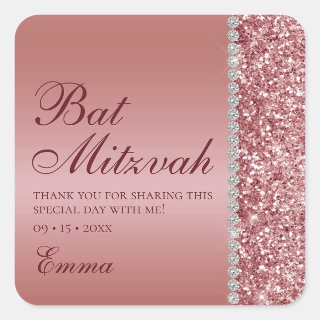 Pegatina Cuadrada Bat Mitzvah, Rosa Purpurina de Oro (Anverso)