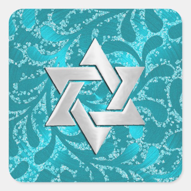 Pegatina Cuadrada Bat Mitzvah Silver Star Turquoise Blue Damask (Anverso)