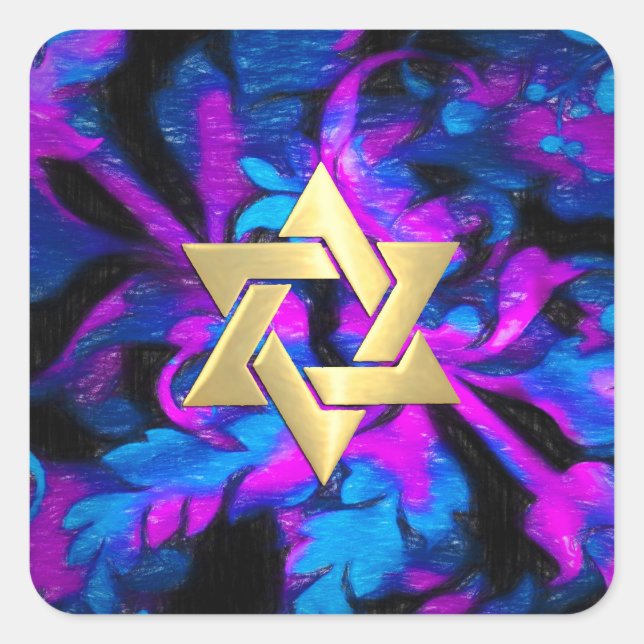 Pegatina Cuadrada Bat Mitzvah Turquesa rosa y Acanthus negro (Anverso)