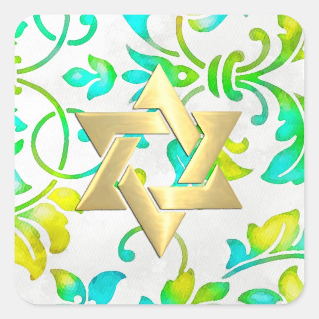 Pegatina Cuadrada Bat Mitzvah Turquoise Yellow y Green Damask (Anverso)