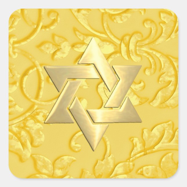 Pegatina Cuadrada Bat Mitzvah Yellow Damask (Anverso)