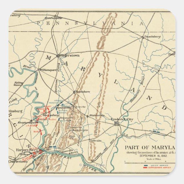 Pegatina Cuadrada Batalla de Antietam - Mapa Panorámico de Guerra Ci (Anverso)