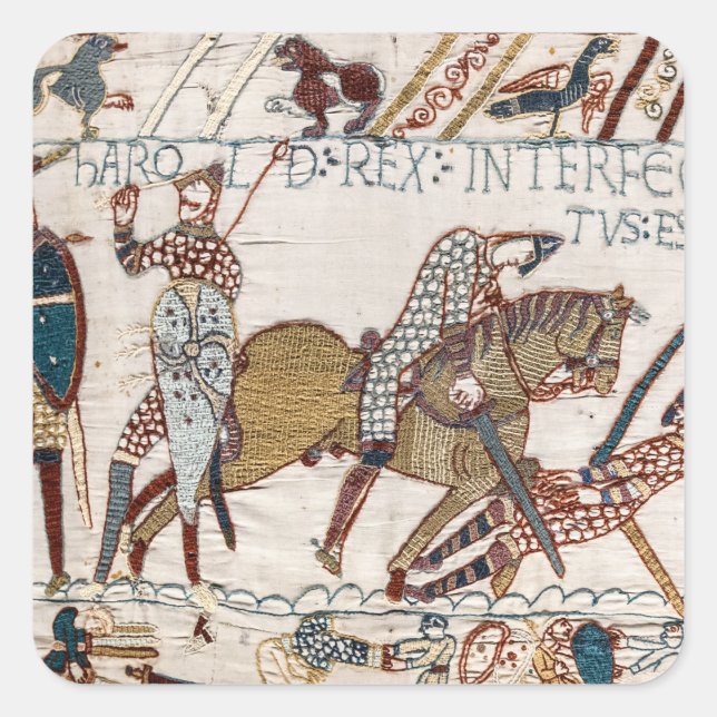 Pegatina Cuadrada Batalla de Hastings - Tapiz Bayeux Rey Harold (Anverso)