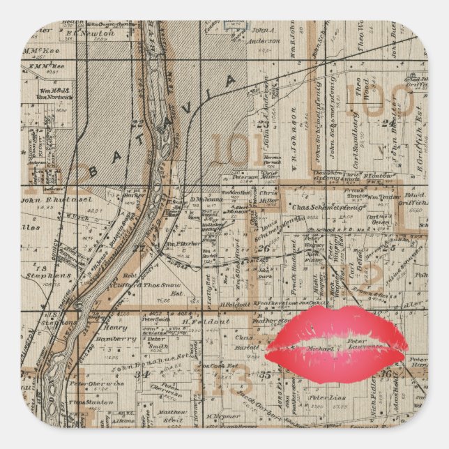 Pegatina Cuadrada Batavia Illinois Plat Map 1870 Fox River Valley (Anverso)