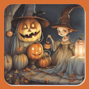Pegatina Cuadrada Bate de calabaza de bruja de Halloween
